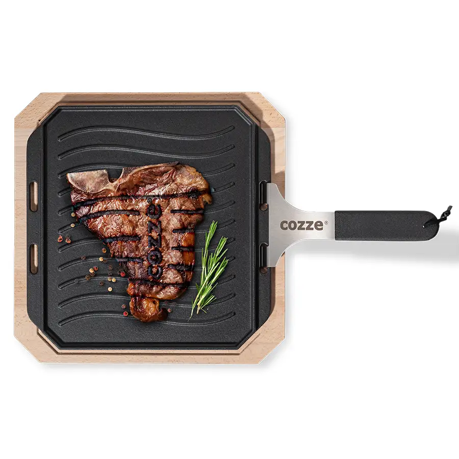 Cozze® Reversible Cast Iron Pan with Bamboo Tray 330 x 330 mm - Image 2