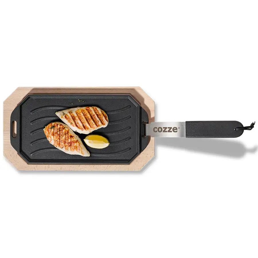Cozze® Reversible Cast Iron Pan with Wooden Tray 165 x 330 mm - Image 6