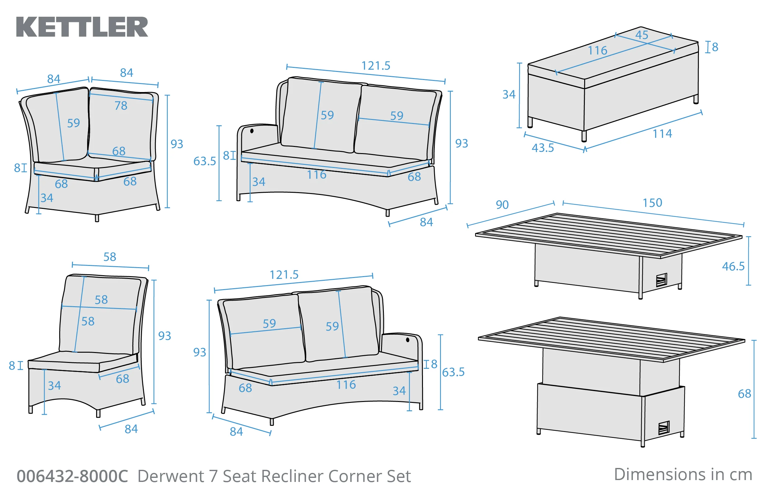 Derwent 7 seat recliner right hand corner set with 150x90cm high/low table - Image 6