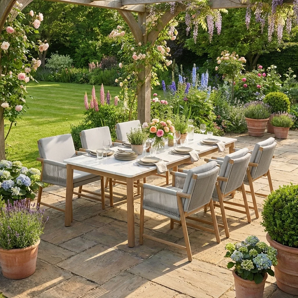 Forest 6 Seat Acacia Wood Dining Set with Natural Stone Finish - Image 4