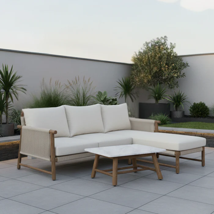 Forest Acacia Wood Sofa Chaise with Stone Composite Tabletop - Image 3