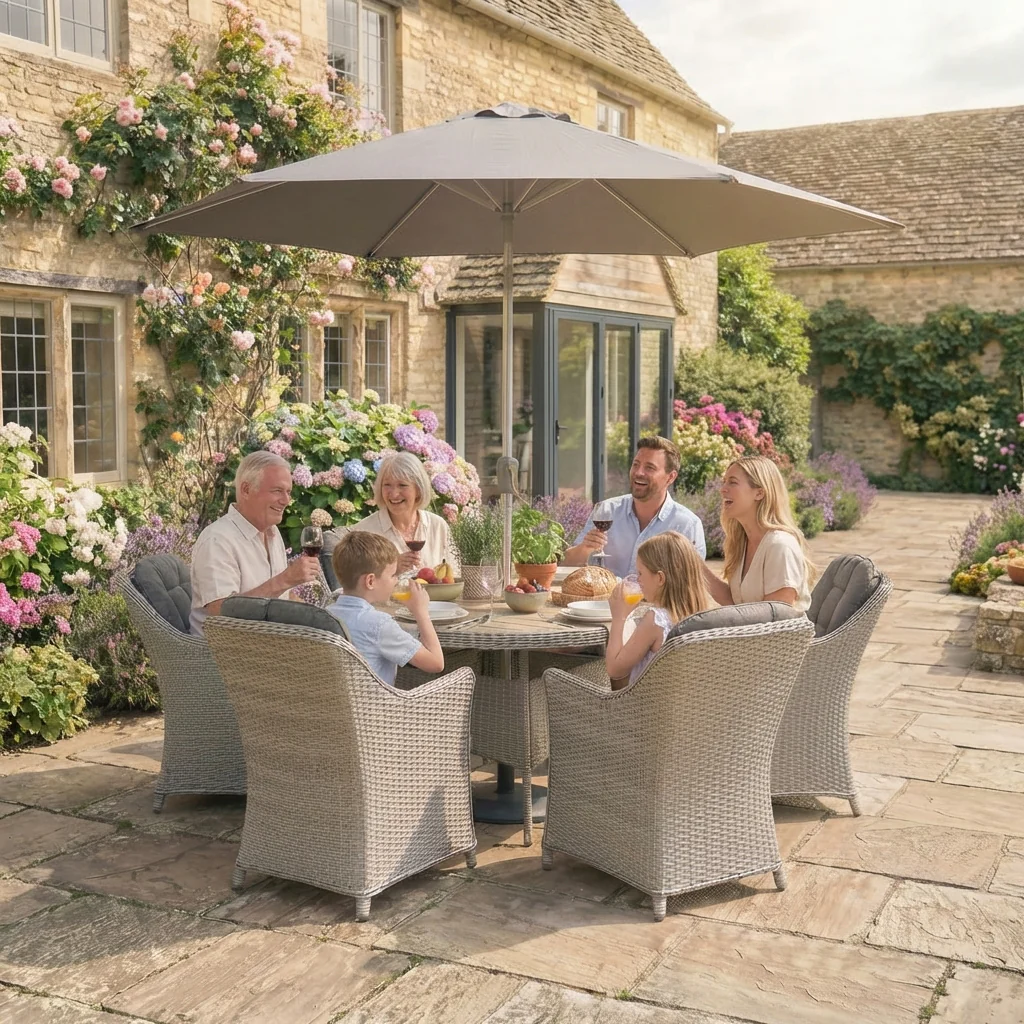 Foxley 6 Seat Dining Set with 140cm Round Table including parasol and base - Image 3