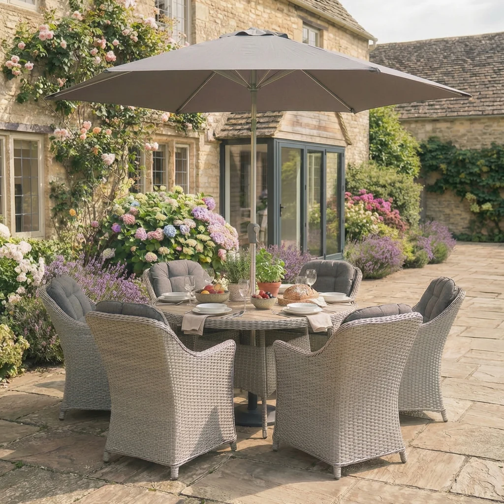 Foxley 6 Seat Dining Set with 140cm Round Table including parasol and base - Image 4