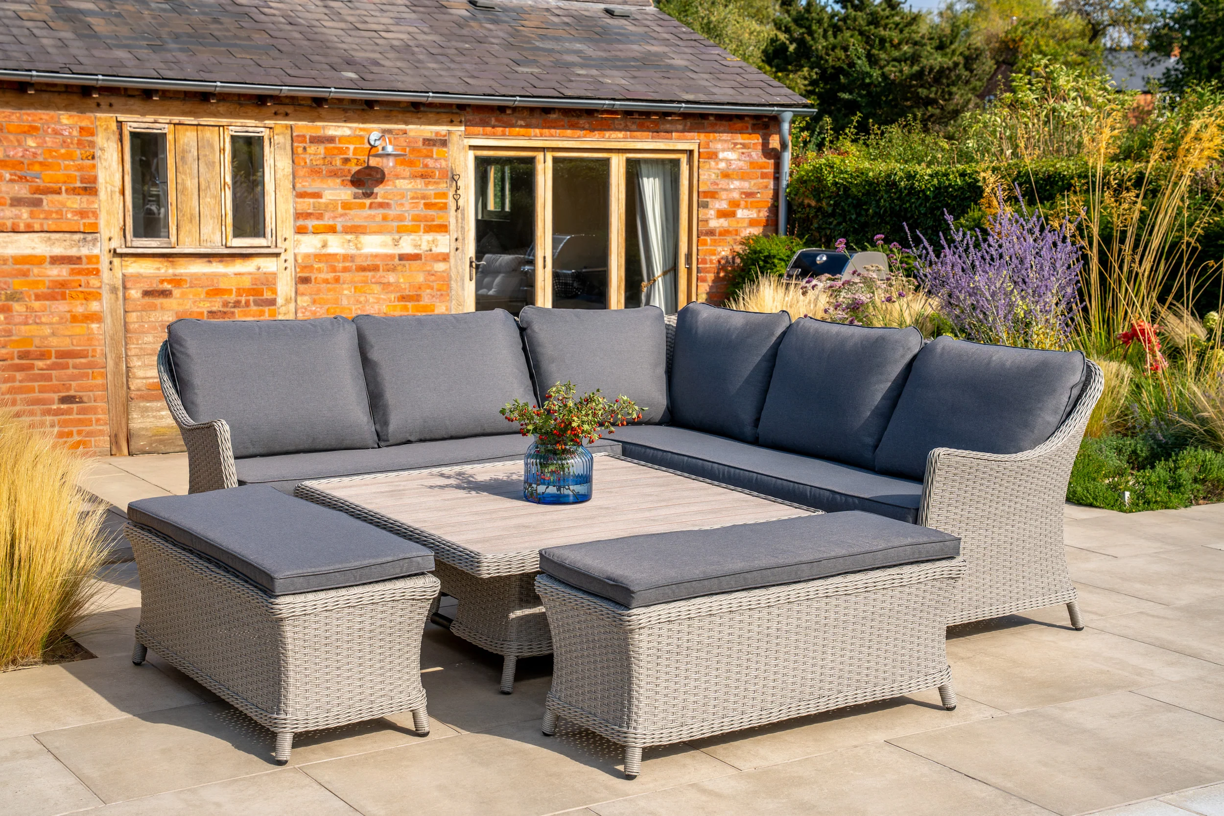 Foxley Square Wicker Corner Set with 120x120cm High/Low Table - Image 10