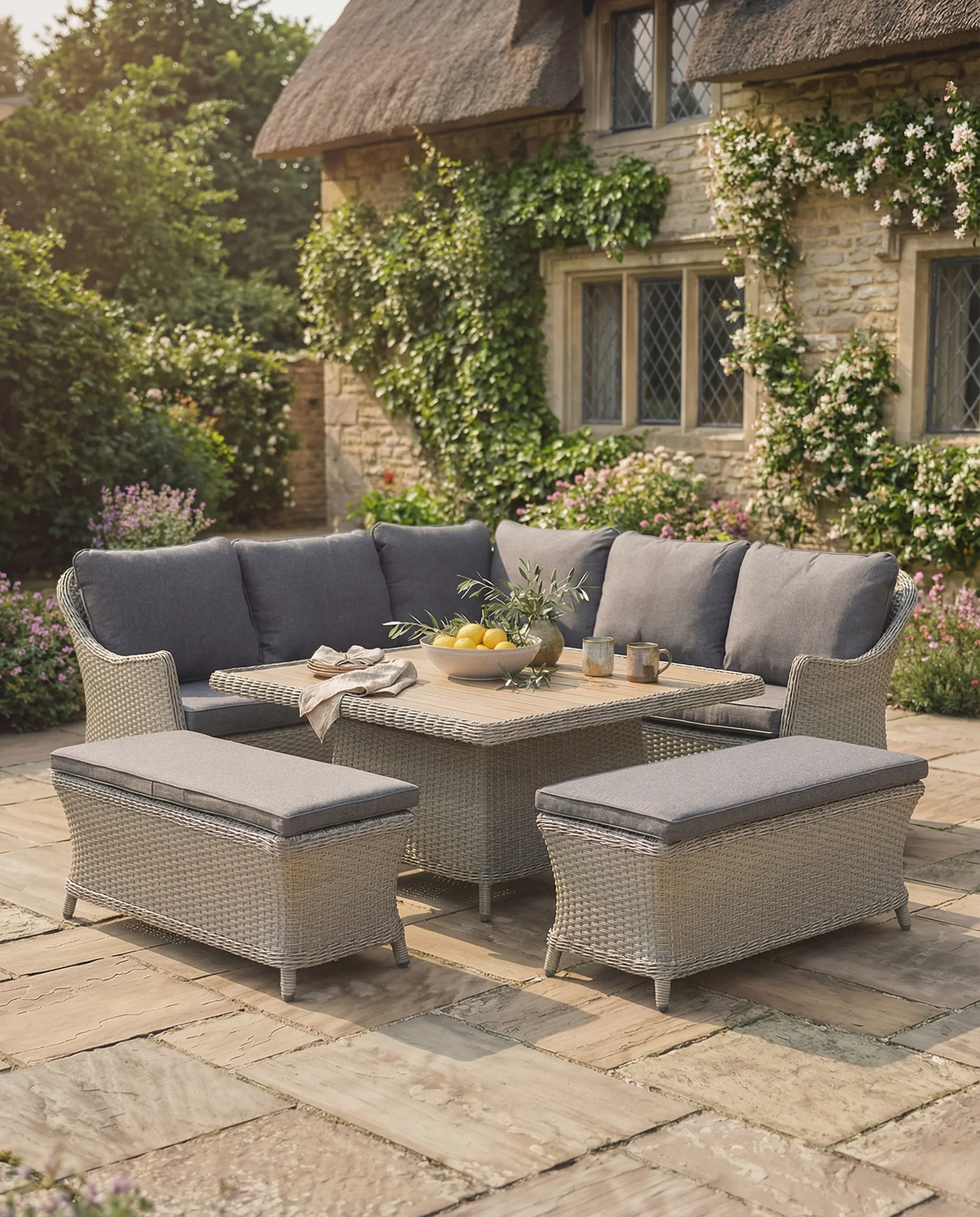 Foxley Square Wicker Corner Set with 120x120cm High/Low Table - Image 3