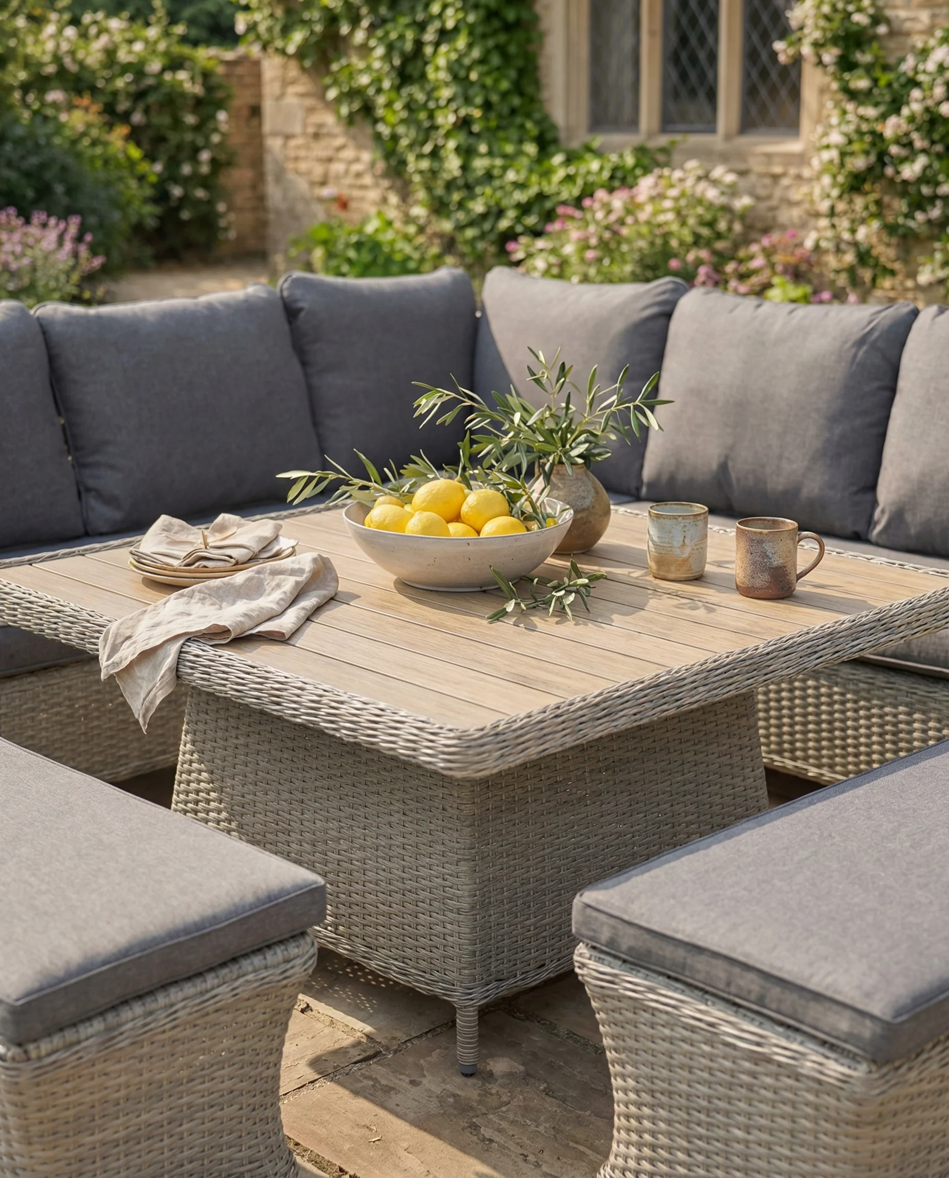 Foxley Square Wicker Corner Set with 120x120cm High/Low Table - Image 4