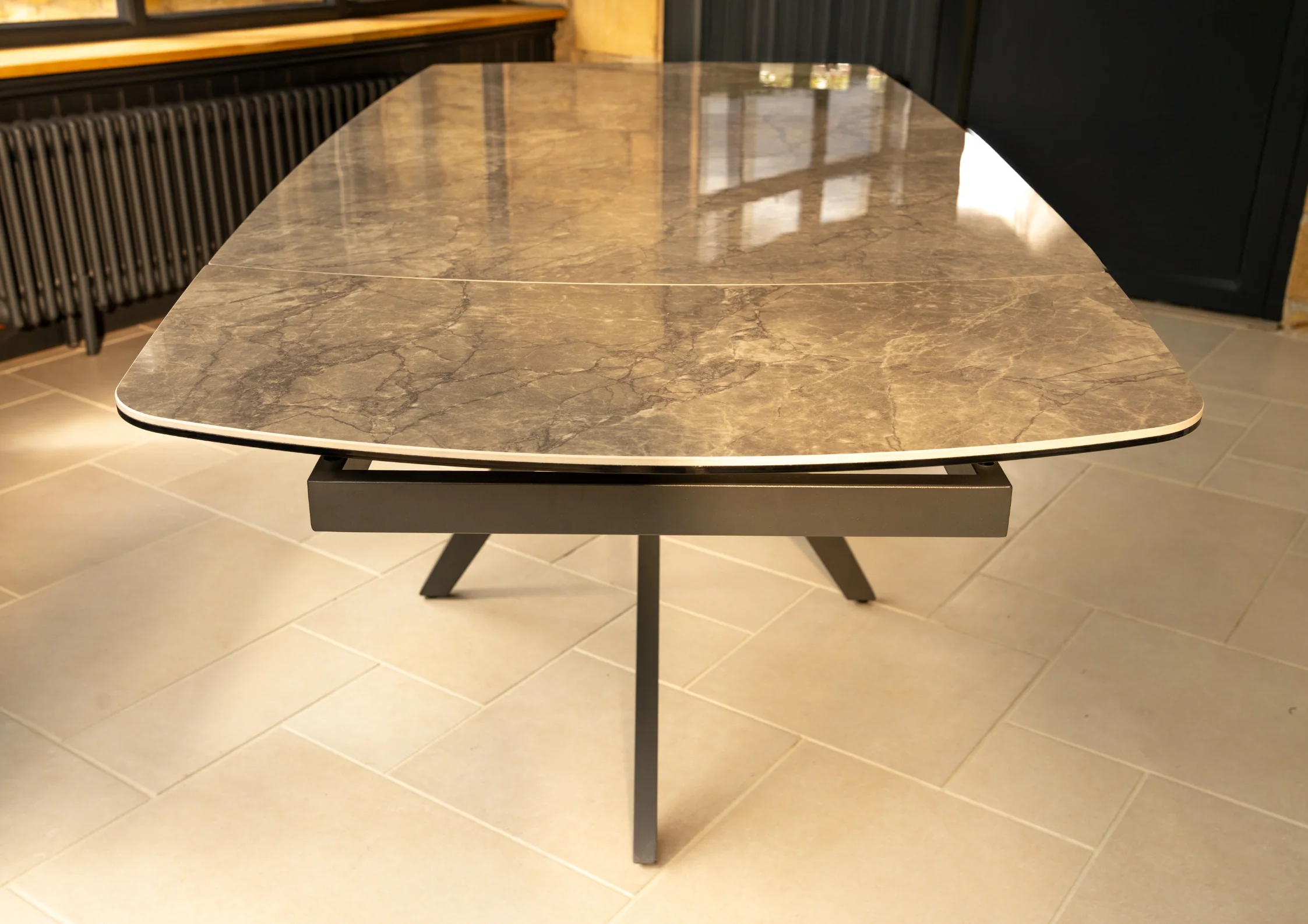 Lorenzo 6 Seat Dining Set with ceramic high gloss table top & pocket sprung auto swivel dining chairs - Image 4