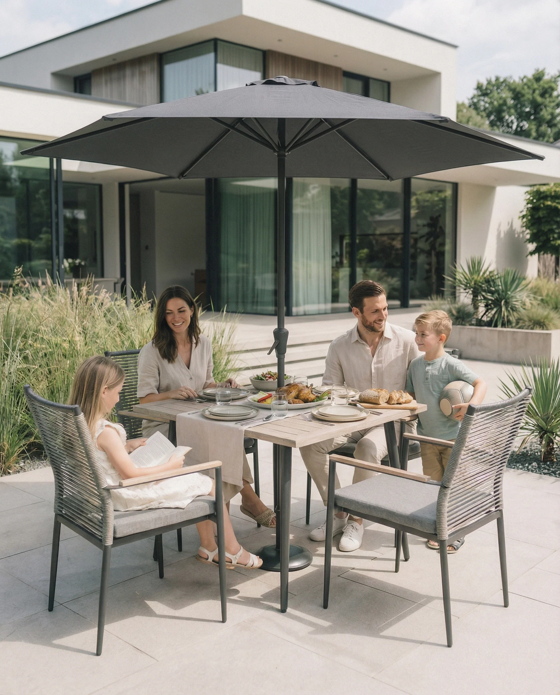 Merano Aluminium 4 Seat Dining Set With a Parasol & Base