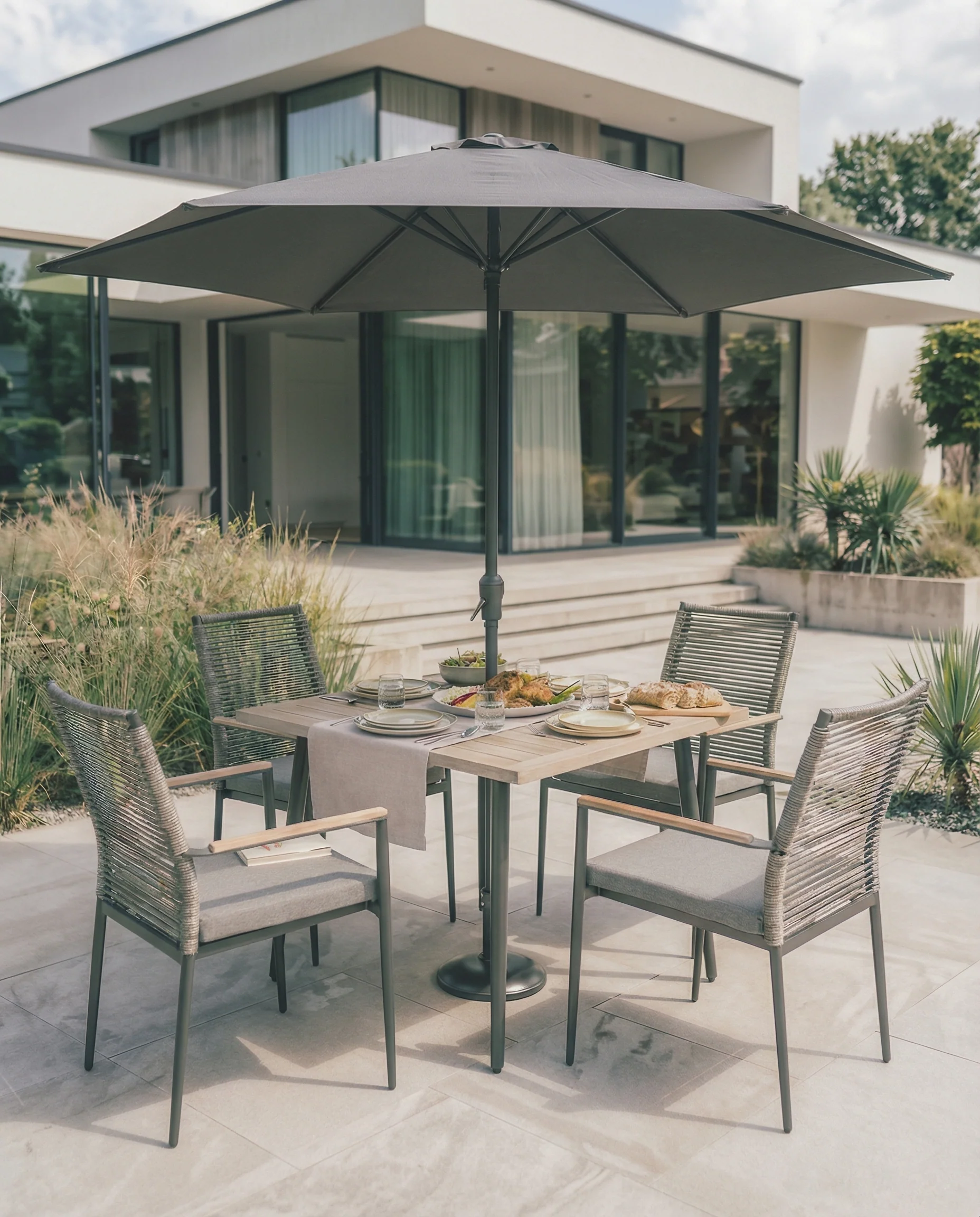 Merano Aluminium 4 Seat Dining Set With a Parasol & Base - Image 2