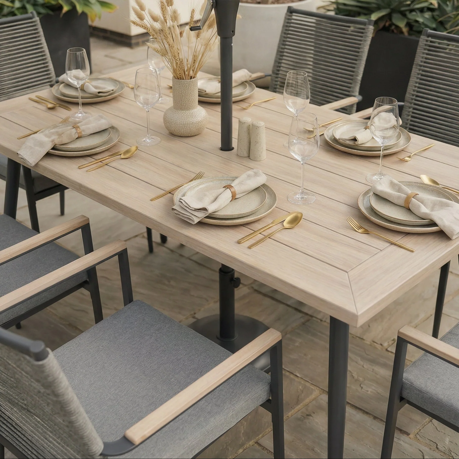 Merano 6 Seat Dining Set with 170x90cm Table Includes Parasol & Base - Image 3