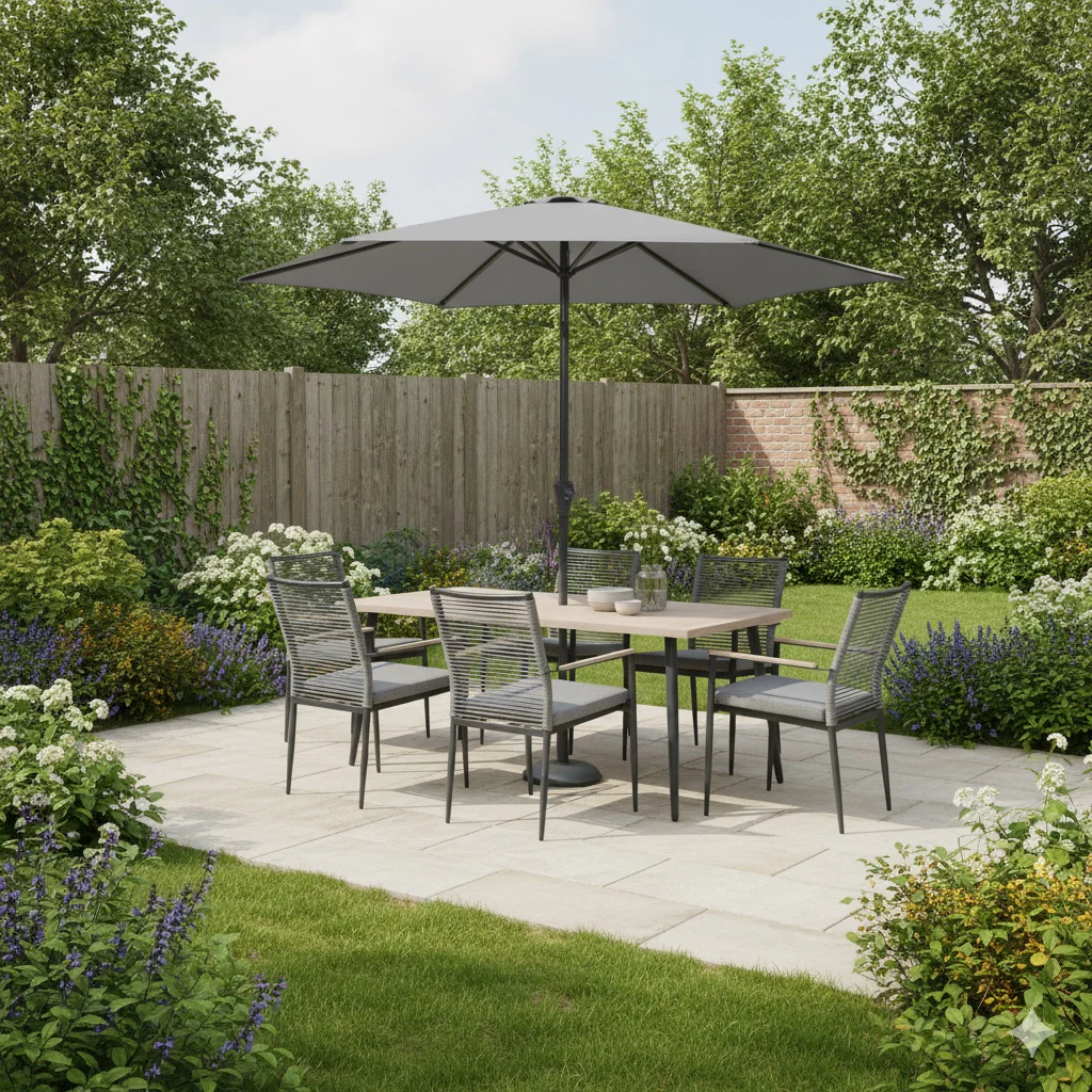 Merano 6 Seat Dining Set with 170x90cm Table Includes Parasol & Base - Image 5