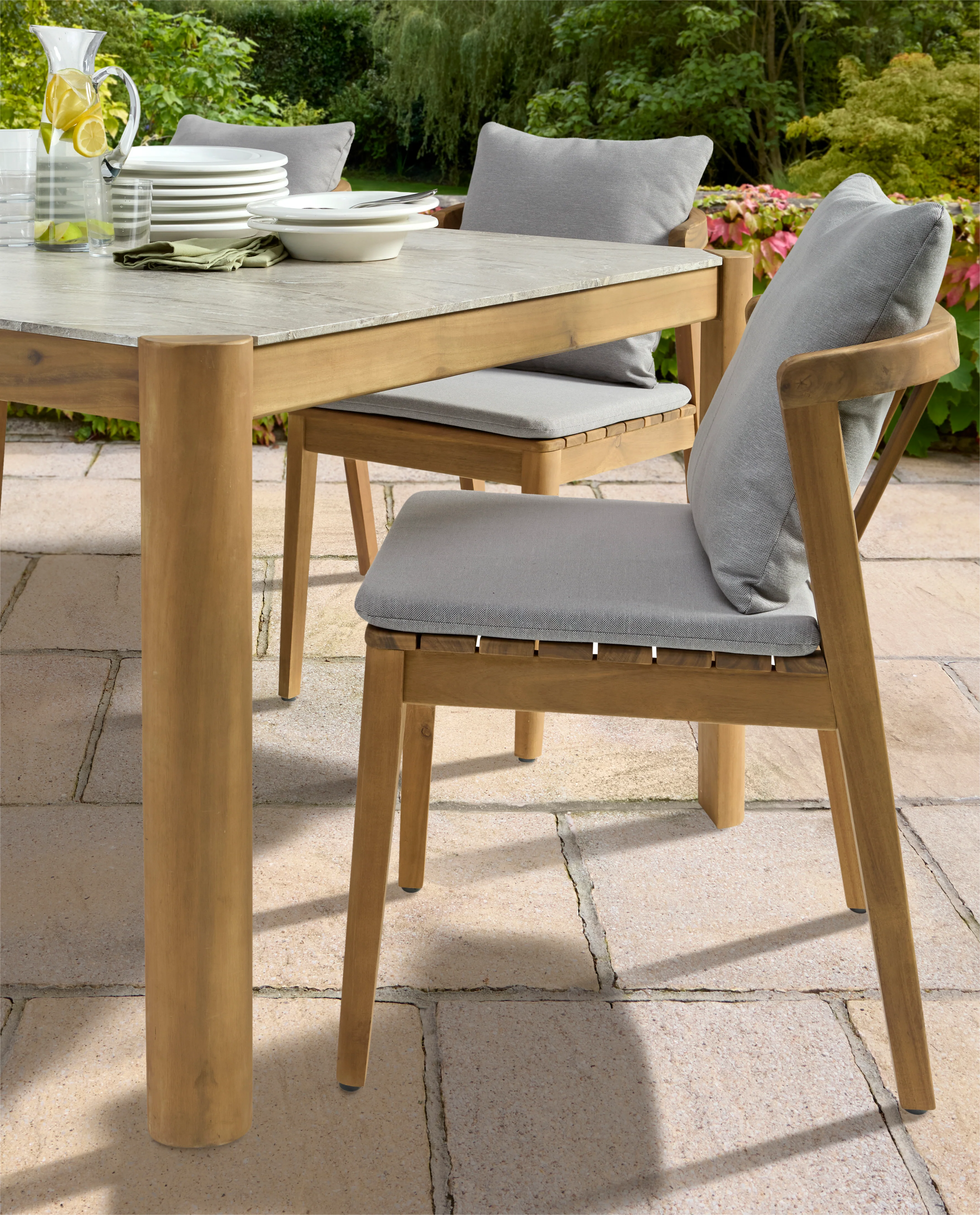 Nara Acacia Wood Dining Set with Marble Effect Tabletop - Image 3