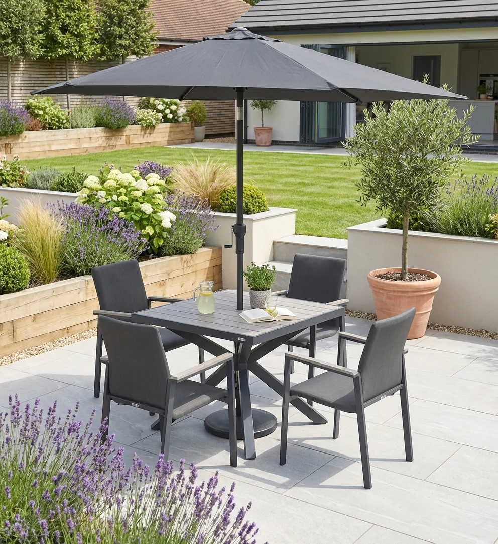 Tudor 4 Seat Dining Set with Parasol & Base - Image 3