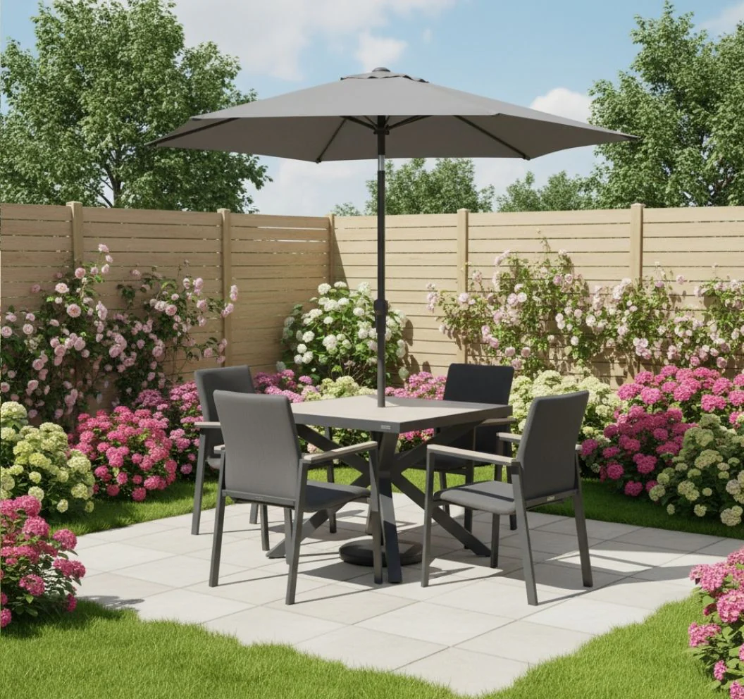 Tudor 4 Seat Dining Set with Parasol & Base - Image 4
