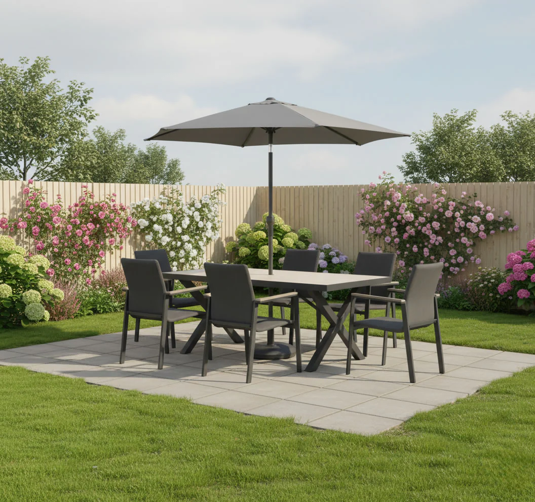 Tudor 6 Seat Dining Set with Parasol & Base - Image 3