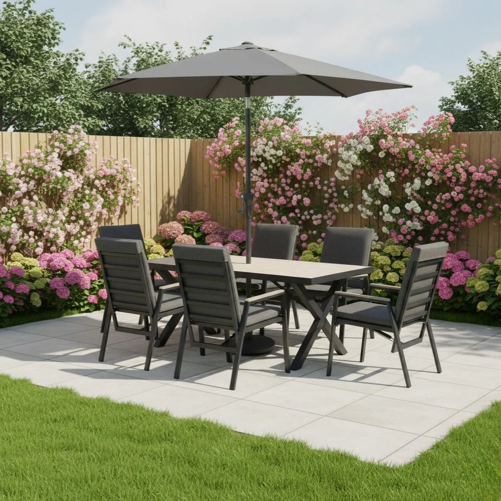 Tudor 6 Seat Reclining Dining Set with Parasol & Base - Image 2